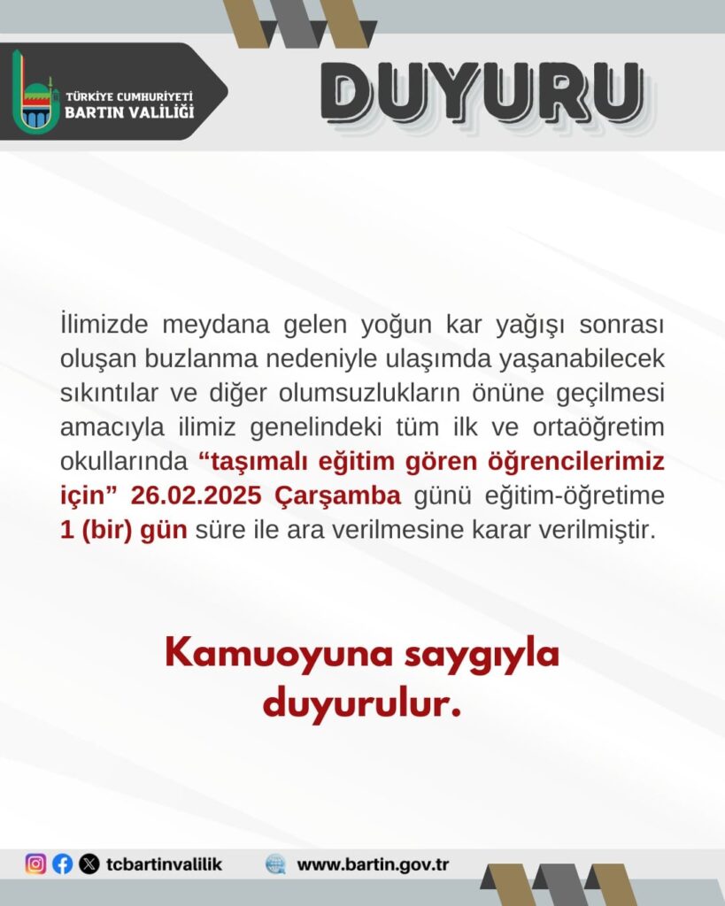 Bartın’da taşımalı eğitime 1 gün süreyle ara